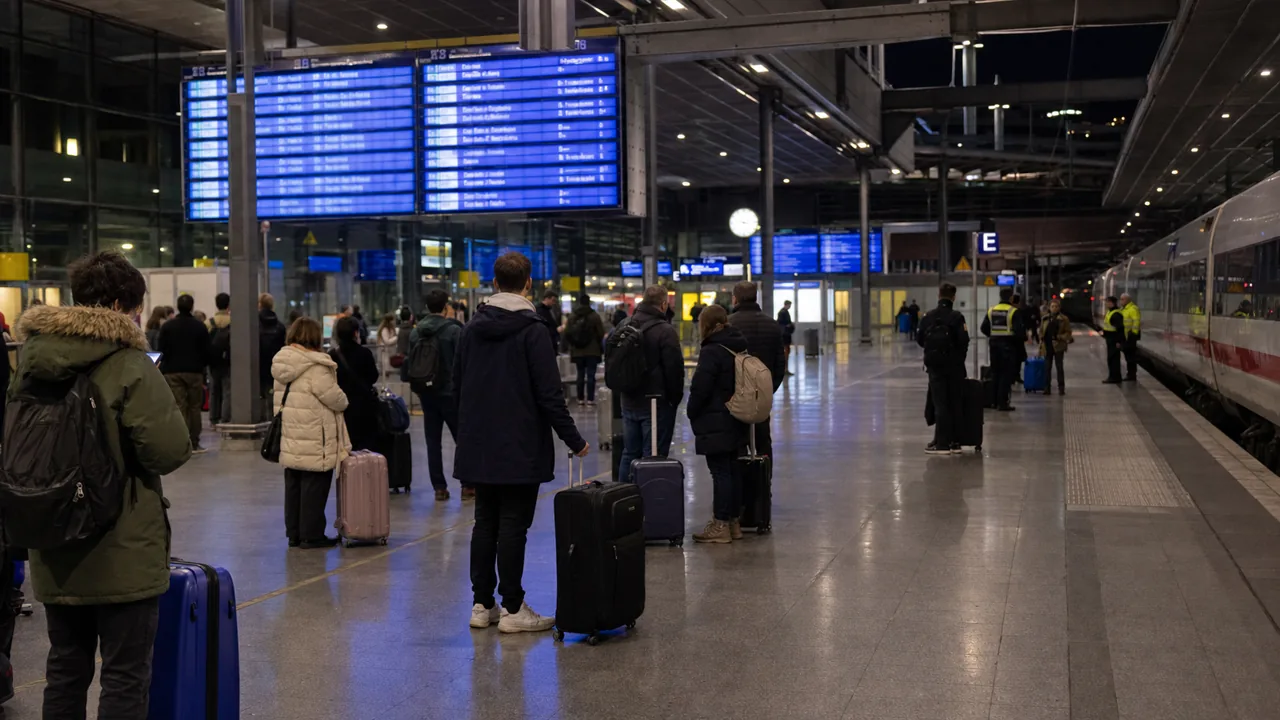 AI-foto van reizigers in een Duits station bij digitale borden als beeld bij een landelijke spoorcommunicatiestoring.