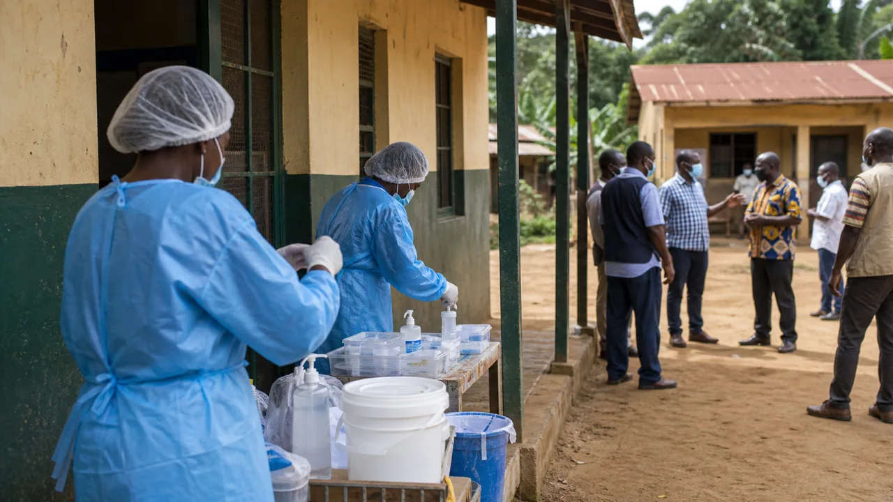 AI-foto van zorgwerkers in beschermende kleding bij een Afrikaanse kliniek als beeld bij Ebola-bestrijding en publieke zorgveiligheid.