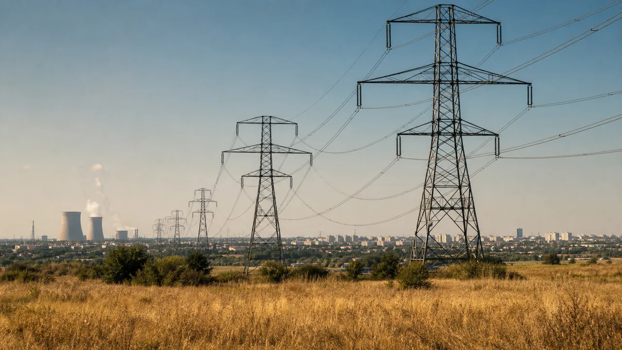 AI-foto van hoogspanningslijnen bij een Europese stad in warme zomerlucht als beeld bij stroomvraag tijdens een hittegolf.