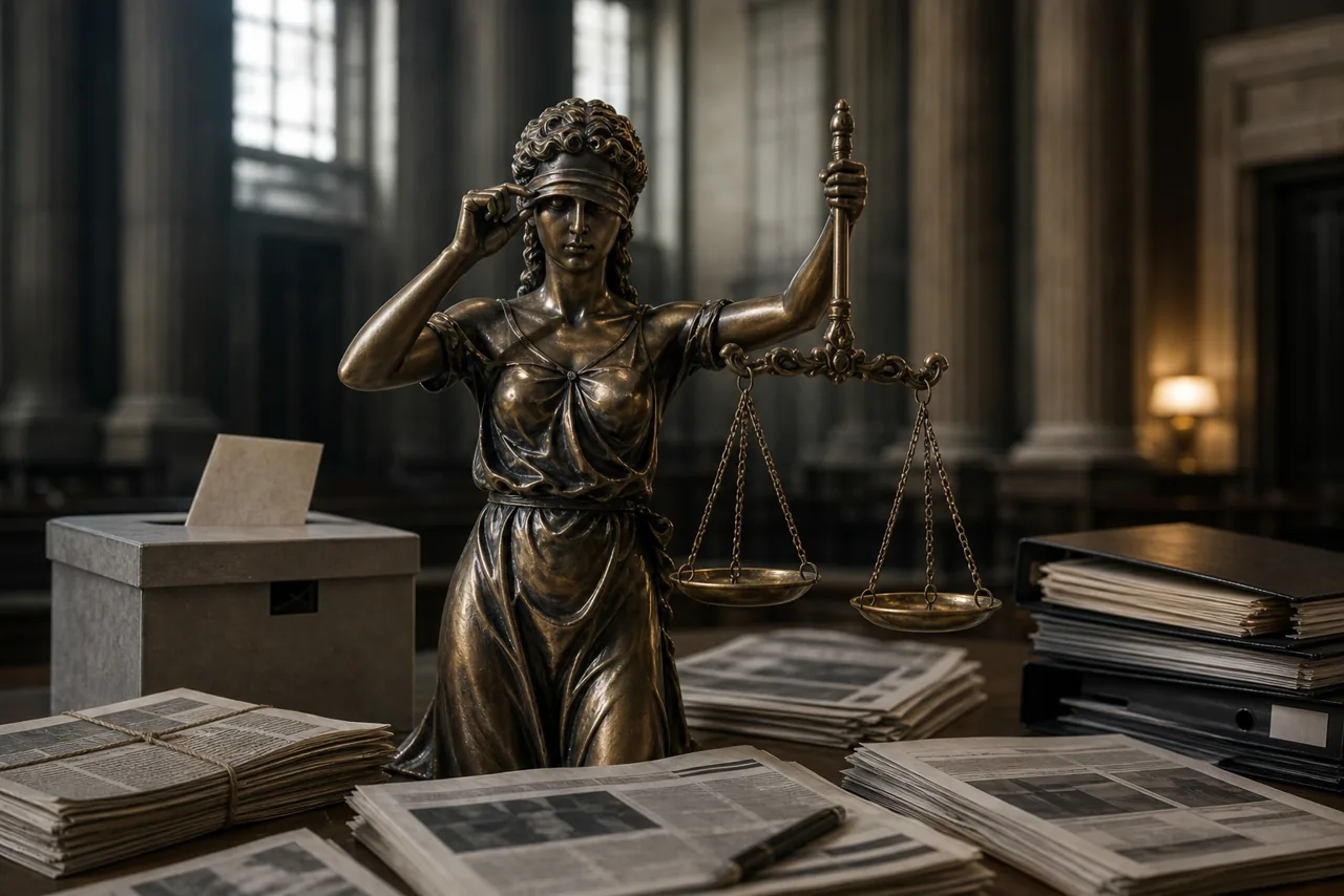 AI-foto van Justitia die voorzichtig onder haar blinddoek kijkt naast een stembus, dossiers en kranten als beeld bij stemfraude en selectieve politieke framing.