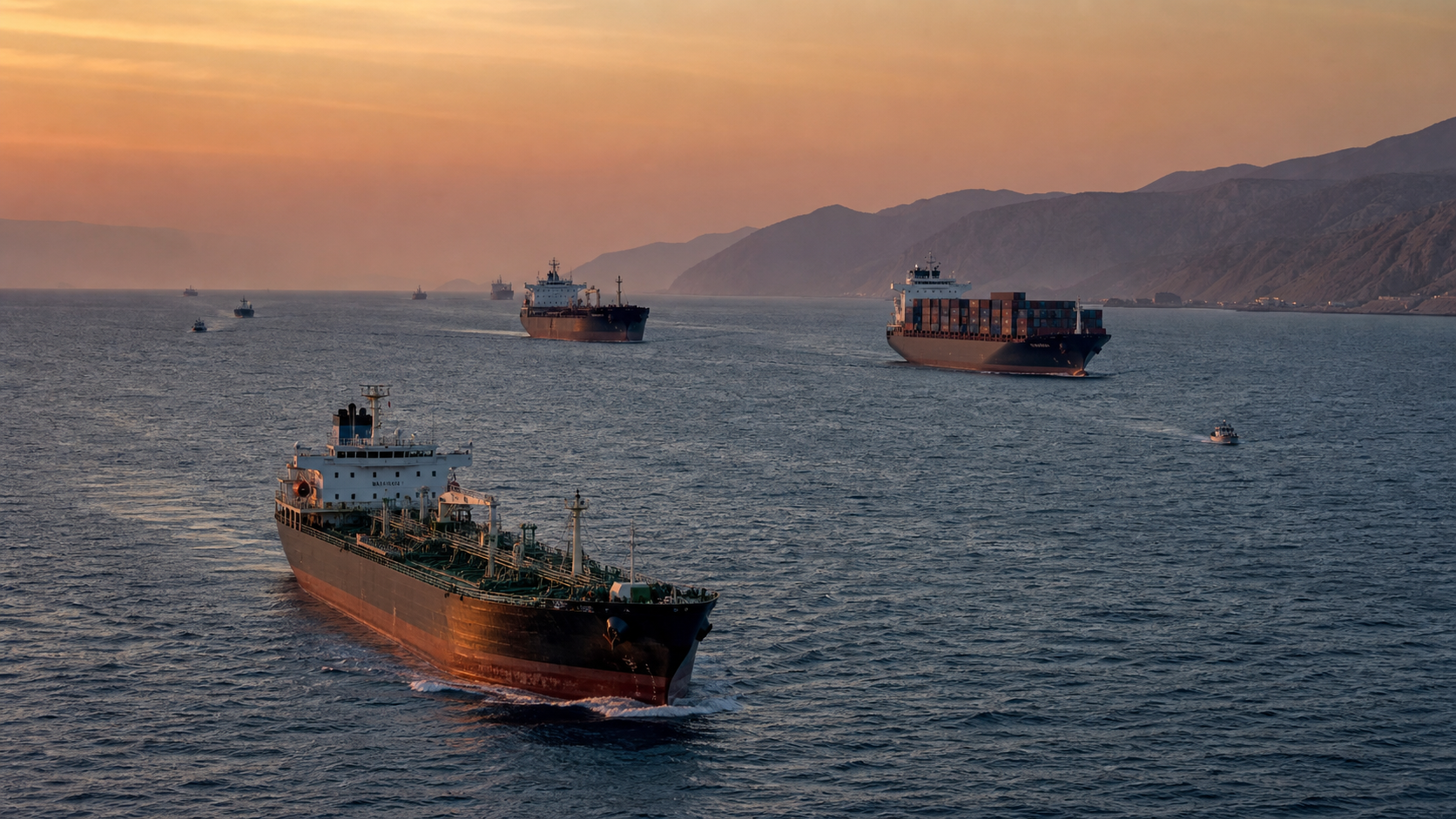 AI photo of oil tankers and container ships in a narrow sea route at twilight as an image near Hormuz and geopolitical passage.