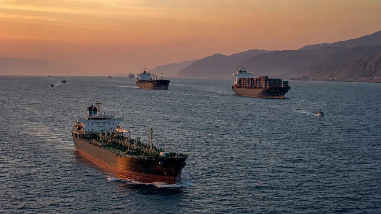 AI-foto van olietankers en containerschepen in een smalle zeeroute bij schemering als beeld bij Hormuz en geopolitieke doorvaart.