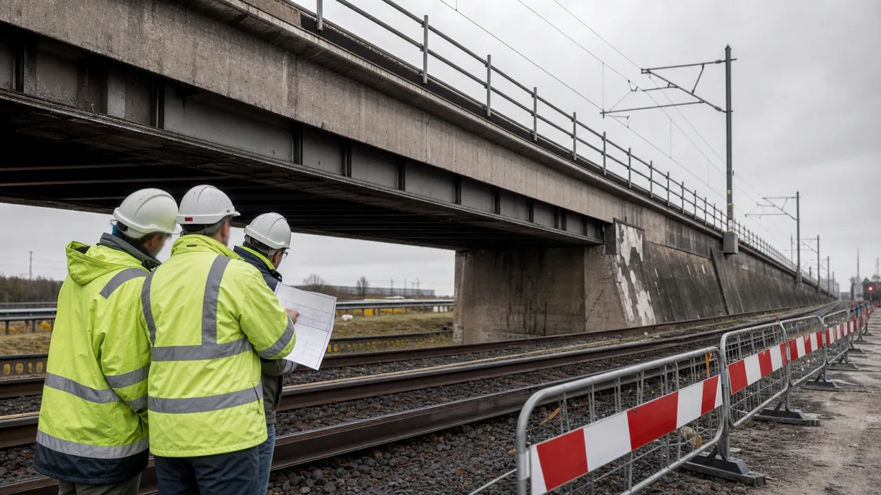 AI-foto van ingenieurs bij een Nederlandse brug en spoorlijn als beeld bij geldtekort voor beton, staal en rails.
