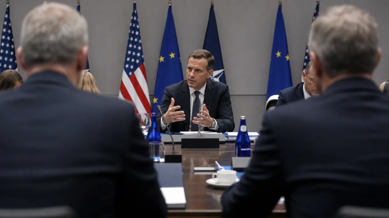AI-foto van een sobere NAVO-vergaderruimte met Amerikaanse en Europese vlaggen als beeld bij trans-Atlantische defensiediplomatie.