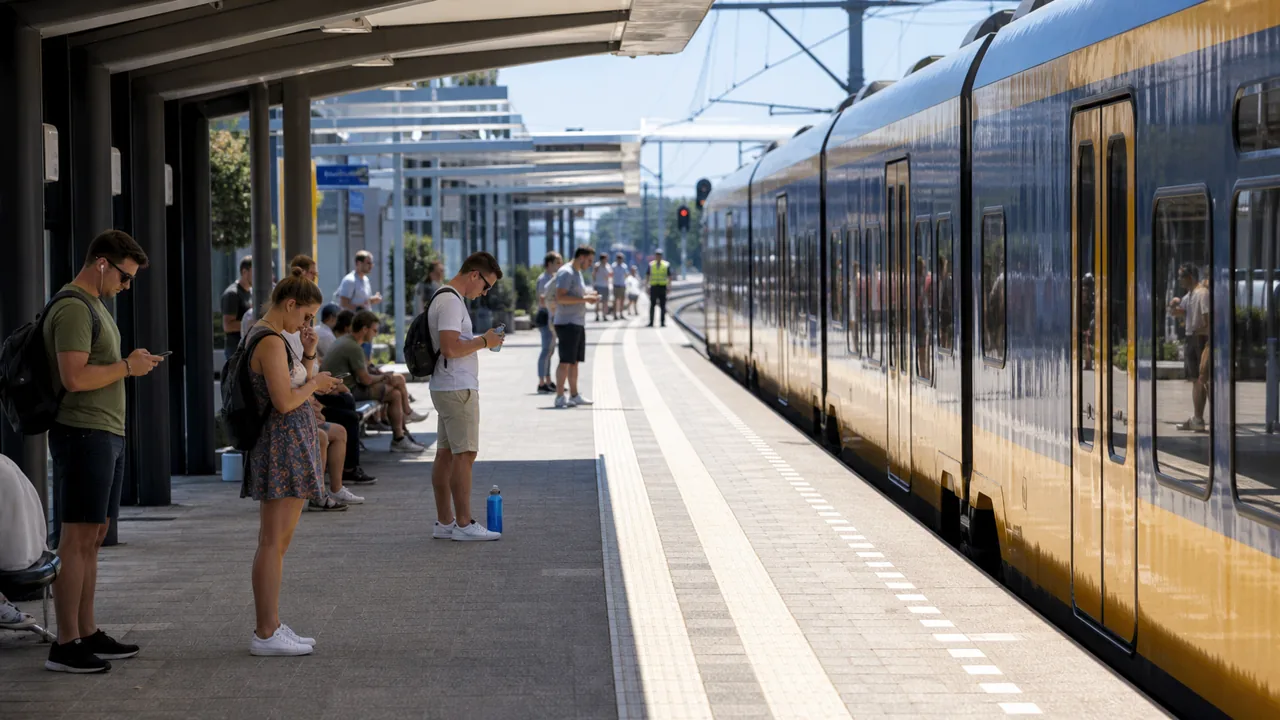 AI-foto van een warm Nederlands station met wachtende reizigers als beeld bij ov-staking, opstartproblemen en hittemaatregelen.