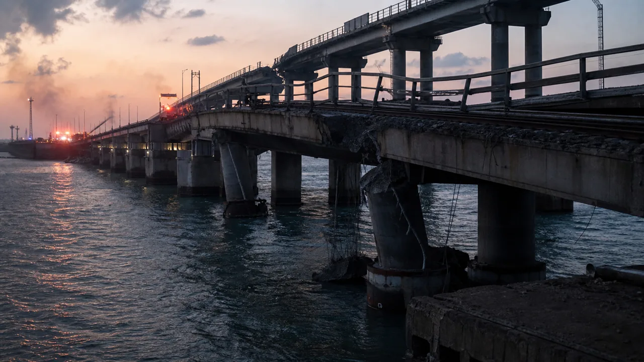 AI-foto van een beschadigde spoorbrug bij kustwater in schemerlicht als beeld bij aanvallen op Krim-infrastructuur.