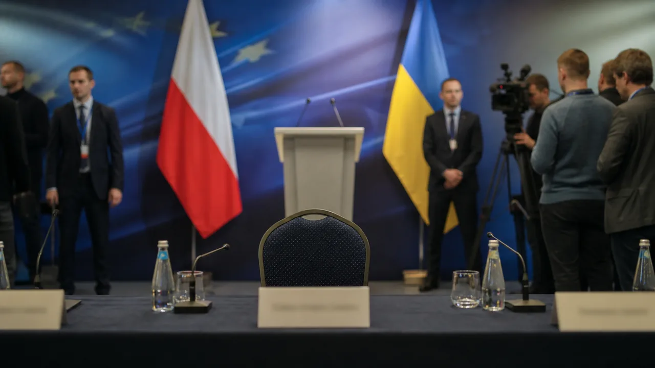 AI-foto van een lege stoel bij een diplomatieke conferentie in Gdansk als beeld bij spanning tussen Polen en Oekraïne.