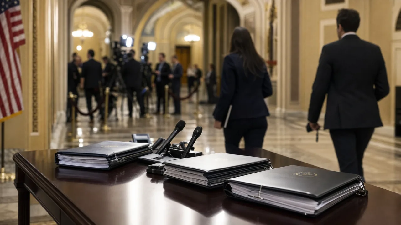 AI-foto van een Amerikaanse regeringsgang met camera's en dossiers als beeld bij Senaatscontrole op oorlogsmacht rond Iran.