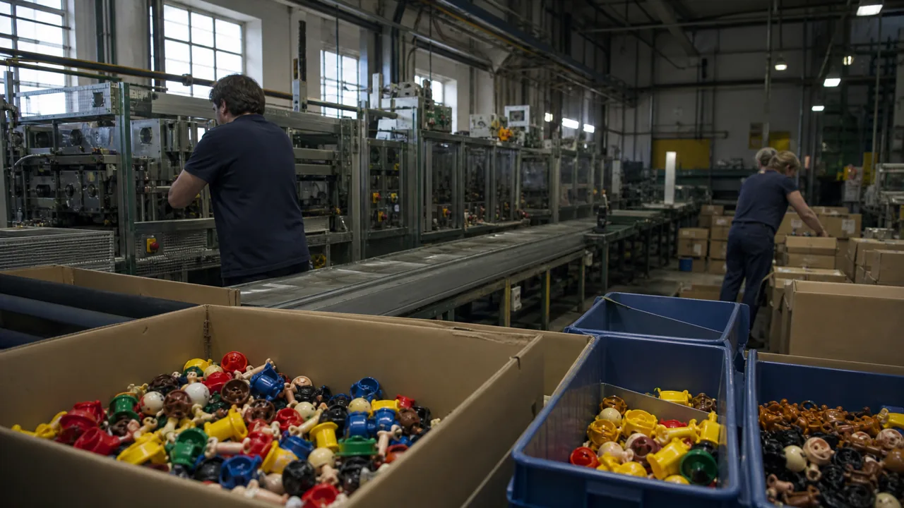 AI-foto van een stille Europese speelgoedfabriek met generieke plastic onderdelen als beeld bij productie die uit Duitsland verdwijnt.