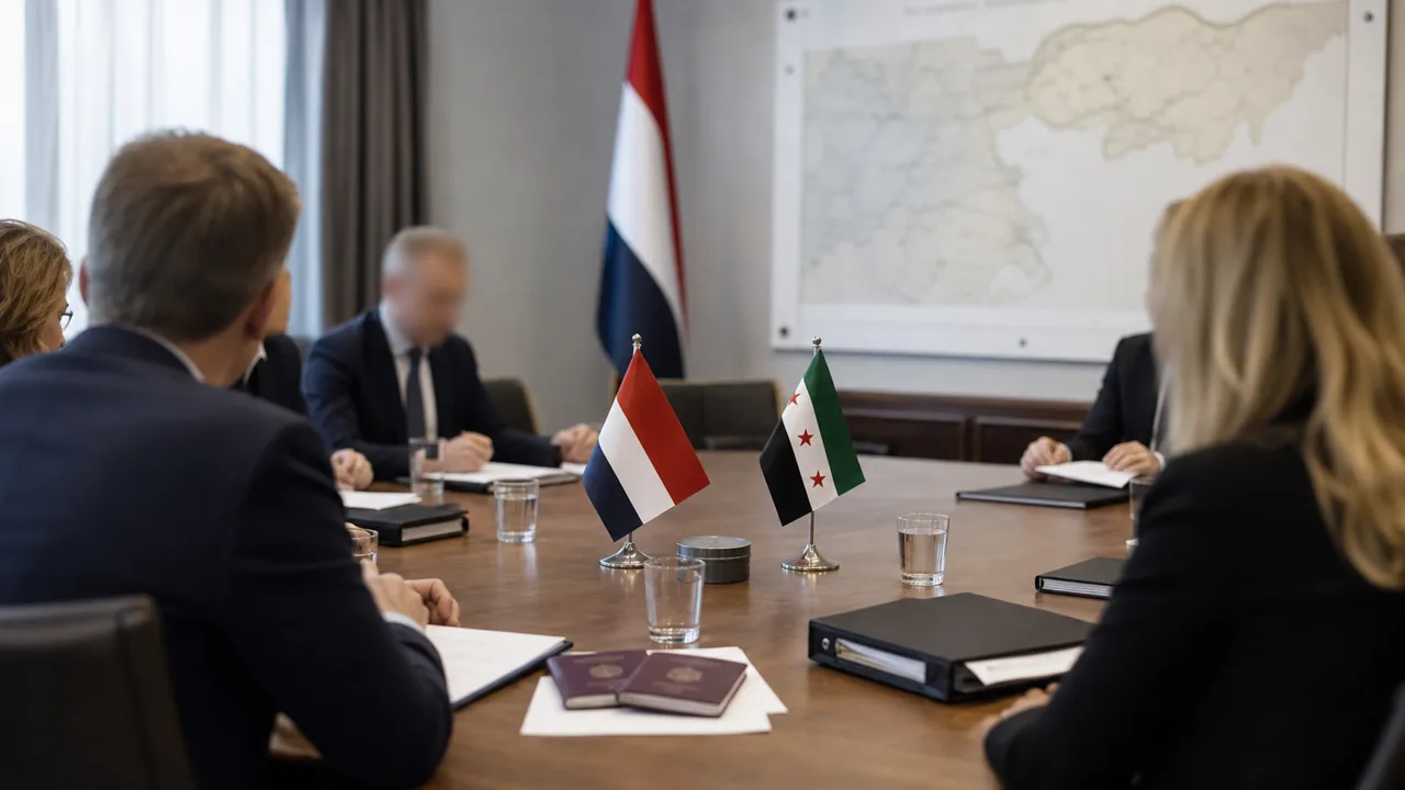 AI-foto van een diplomatieke vergadertafel met Nederlandse en Syrische vlaggen als beeld bij gesprekken over terugkeer en wederopbouw.