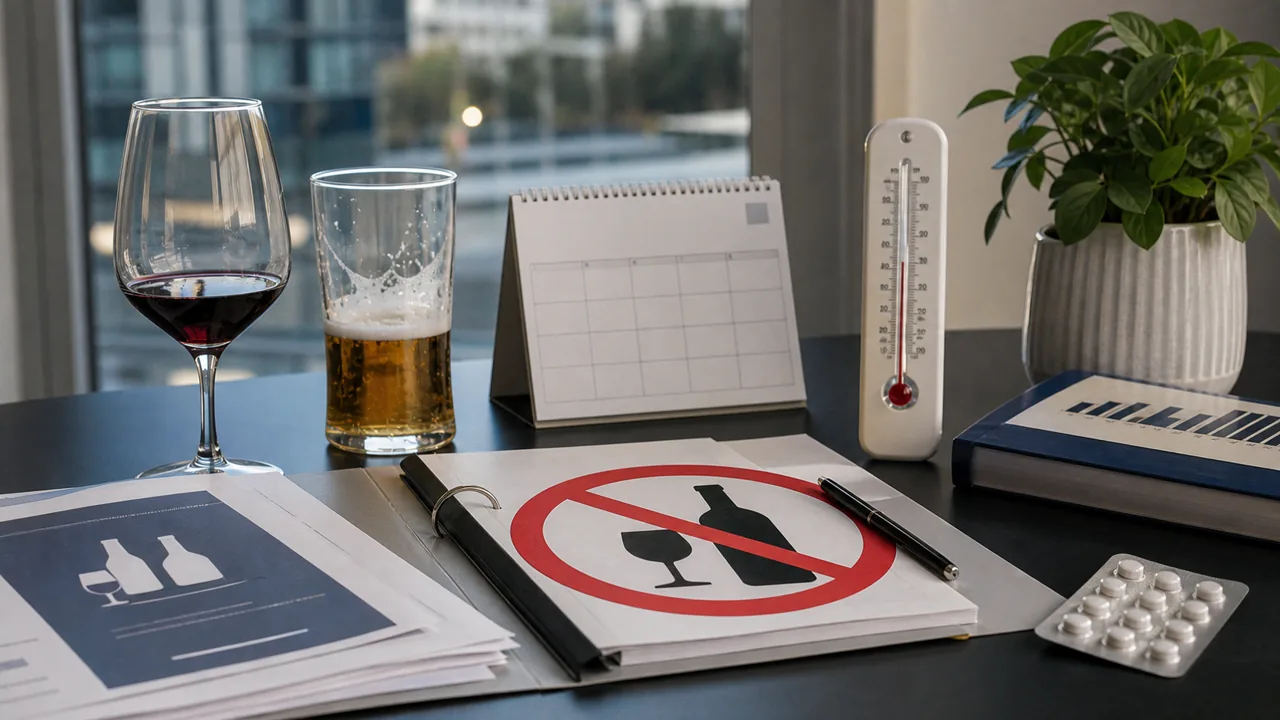 AI-foto van wijn, bier, beleidsstukken, thermometer en alcoholwaarschuwing als beeld bij stille Europese alcoholrem en gezondheidsbeleid.