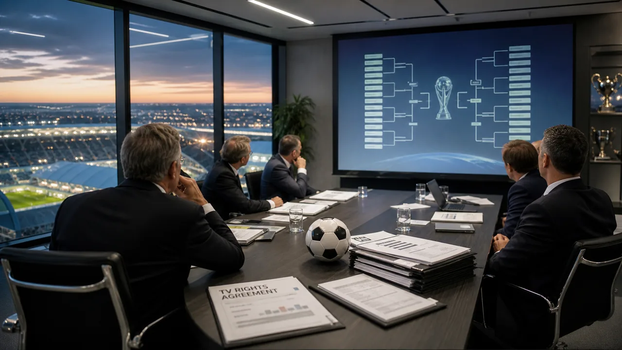 AI-foto van voetbalbestuurders in een boardroom met stadionzicht, toernooischema, contractpapieren en een voetbal op tafel als beeld bij het Club-WK.