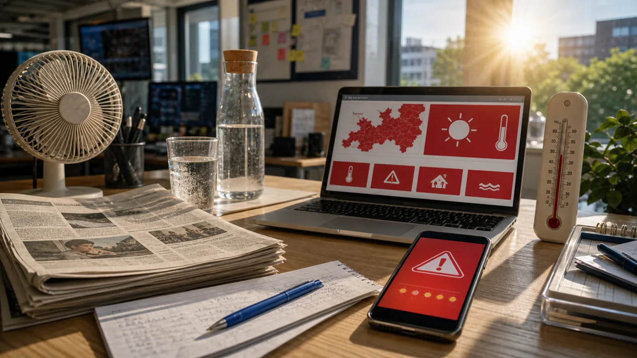 AI-foto van oude krant, water, ventilator, thermometer en moderne rode weerwaarschuwingen op laptop en telefoon als beeld bij hittegolf en code rood.