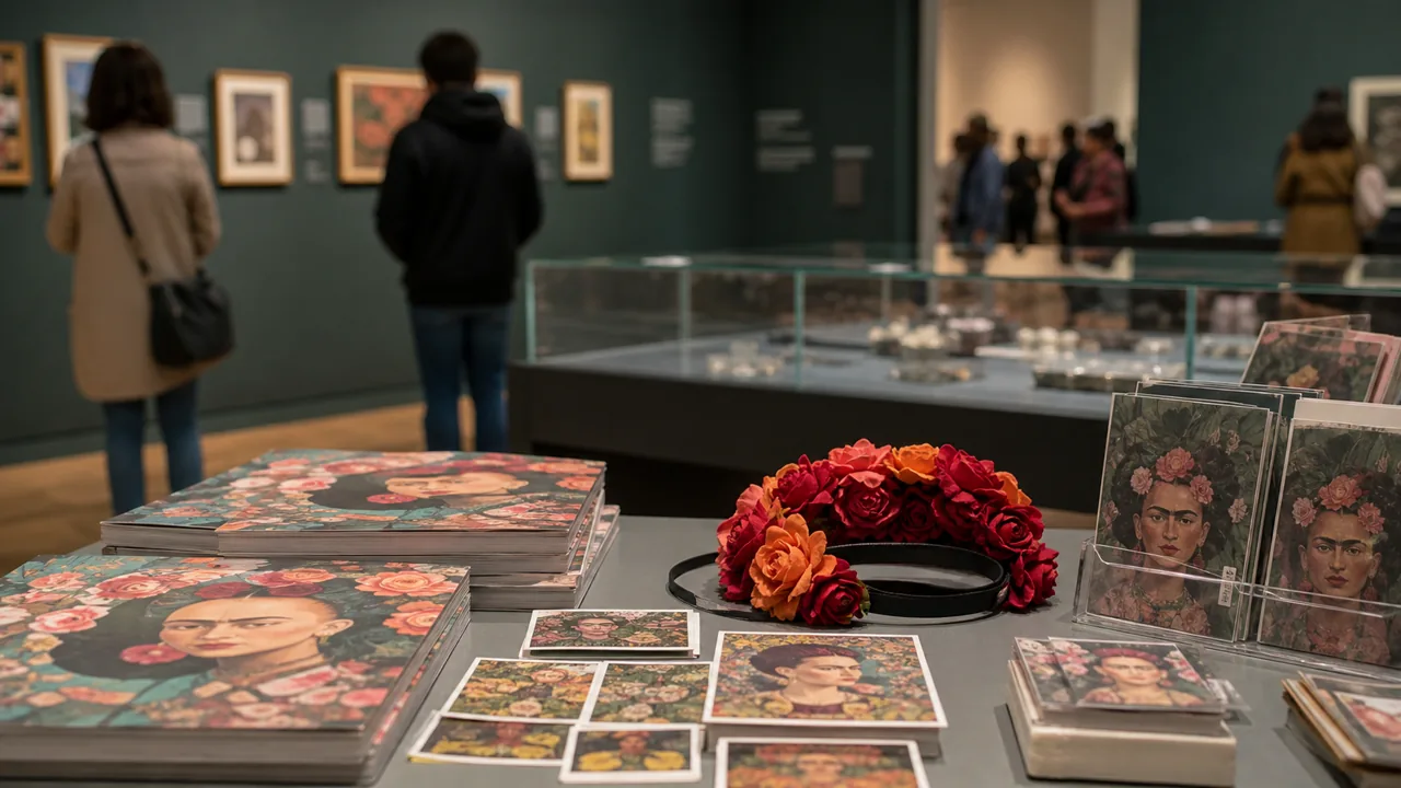 AI-foto van een museumtafel met tentoonstellingscatalogi, bloemenhoofdband, kaarten en bezoekers op de achtergrond als beeld bij de Frida Kahlo-tentoonstelling.