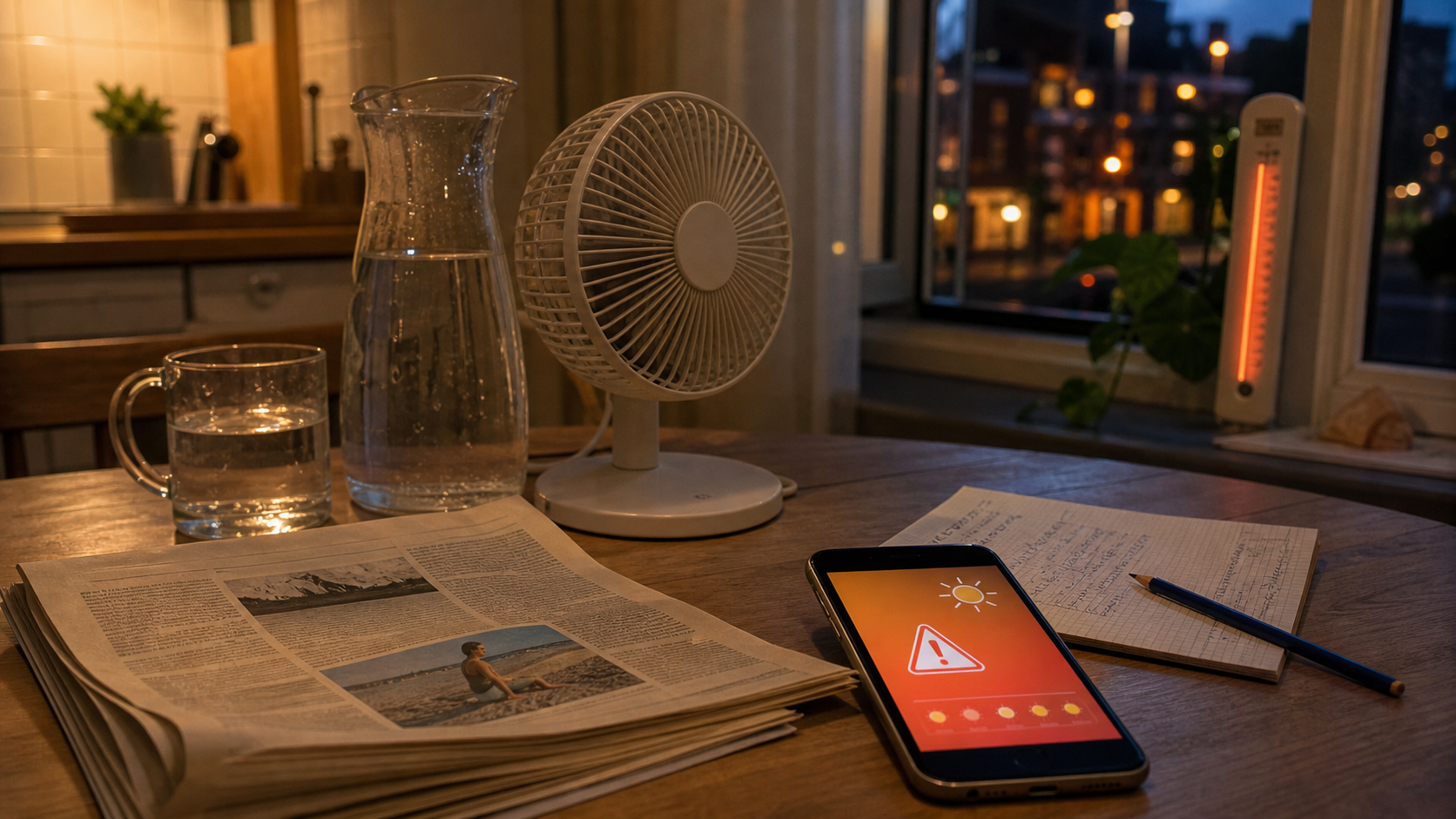 Fotografía AI de una cálida tarde de verano holandesa con periódico, jarra de agua, ventilador, termómetro y advertencia meteorológica como imagen con un marco de calor antiguo y nuevo.