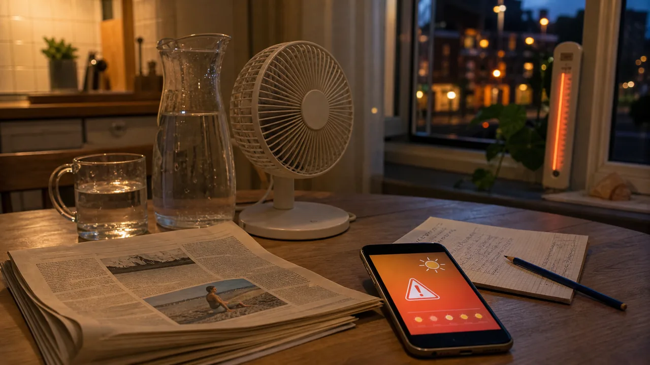 AI-foto van een warme Nederlandse zomeravond met krant, waterkan, ventilator, thermometer en weerwaarschuwing als beeld bij oude en nieuwe hitteframing.