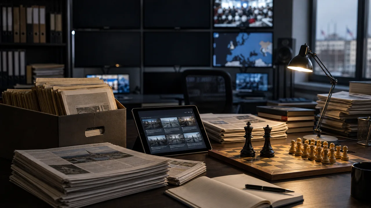AI-foto van een Europese redactiekamer met archiefdozen, kranten, schermen en schaakstukken als beeld bij mediaconcentratie en informatiemacht.