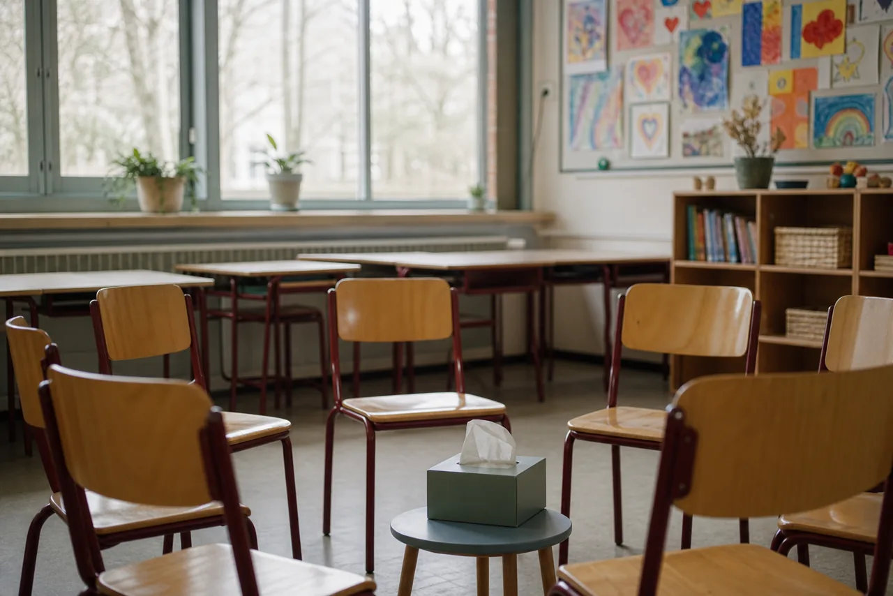 AI-foto van een rustig Nederlands klaslokaal met een kring stoelen en een doos tissues als beeld bij rouw en praten over verlies op school.