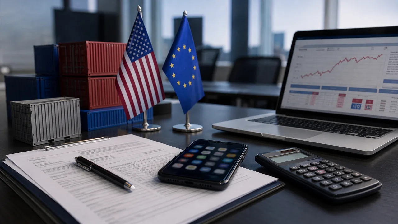 AI-foto van handelsdocumenten, containers, smartphone, calculator en Amerikaanse en Europese kleuraccenten als beeld bij digitale belasting en tariefdreiging.