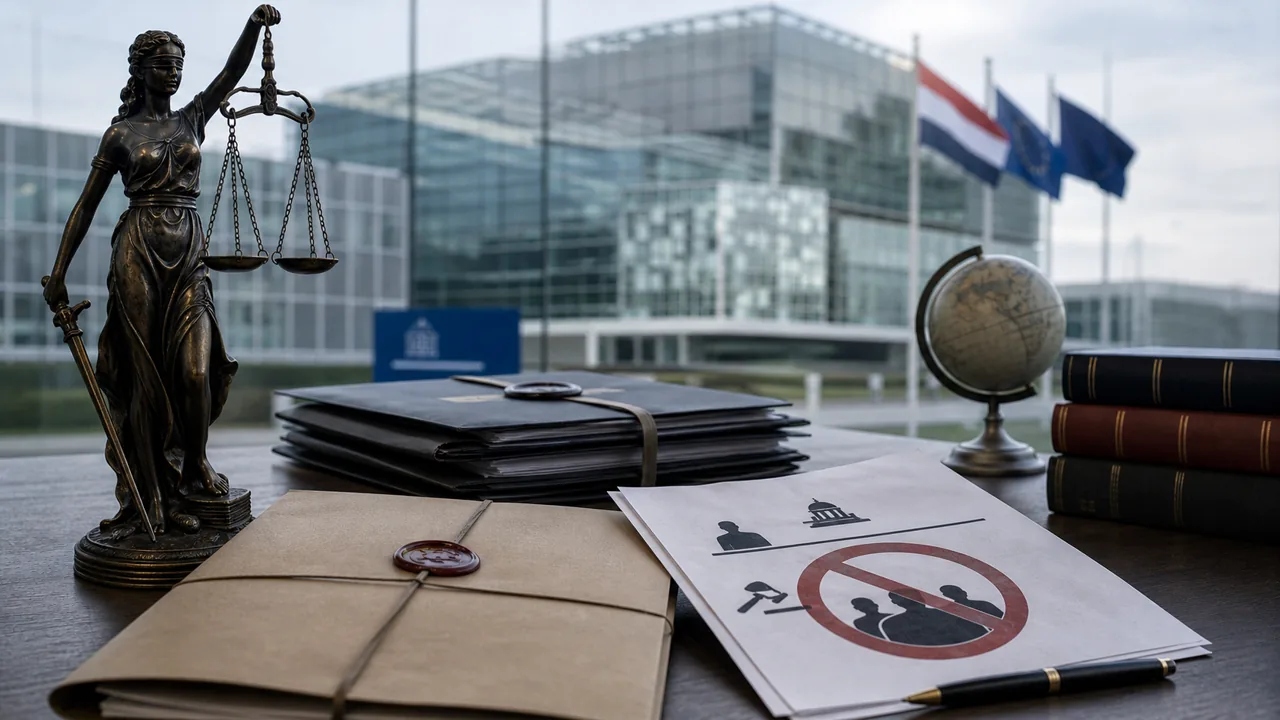 AI-foto van Vrouwe Justitia, juridische dossiers en een sanctiedocument bij een internationaal gerechtsgebouw als beeld bij ICC-rechters en Amerikaanse sancties.