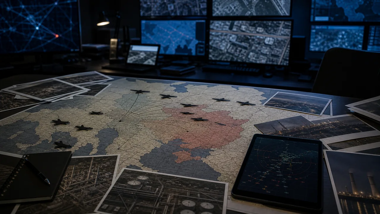 AI-foto van een kaart van Oost-Europa, drone-silhouetten, radarsporen en infrastructuurfoto's als beeld bij langeafstandsdrones in de oorlog.
