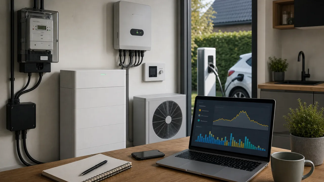 AI-foto van slimme meter, thuisbatterij, warmtepomp, laadpaal en energiedashboard als beeld bij huishoudens die het stroomnet helpen sturen.