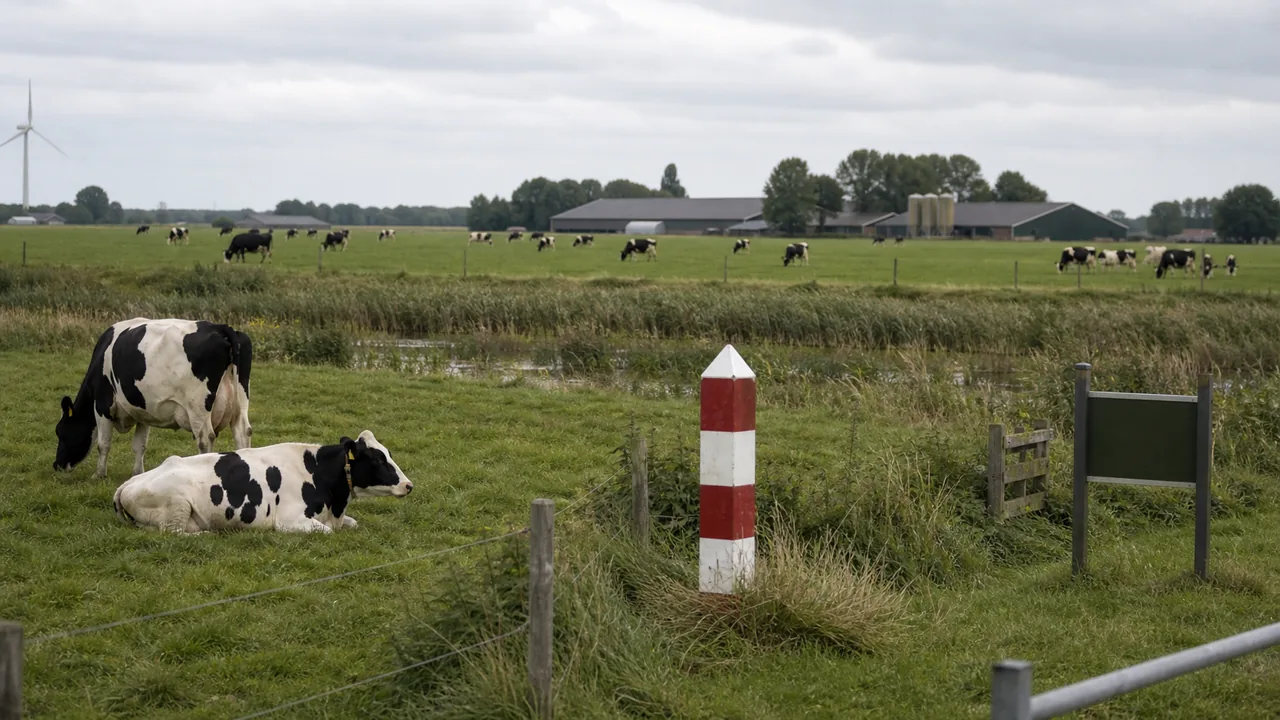 AI-foto van koeien bij een Nederlands-Duitse grenspaal met boerderijen in de verte als beeld bij stikstofregels, koeiennorm en grensongelijkheid.