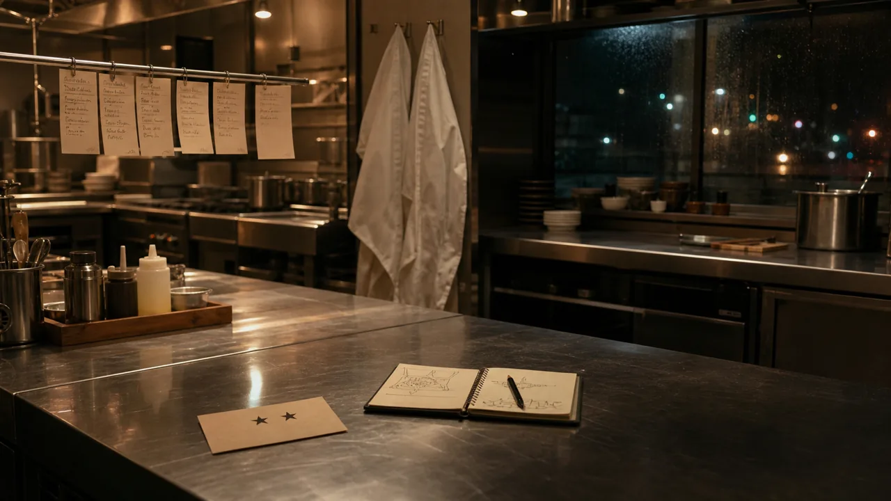 AI-foto van een lege professionele restaurantkeuken na sluitingstijd met chefjassen, servicebonnen en een beoordelingskaart als beeld bij het slotseizoen van The Bear.