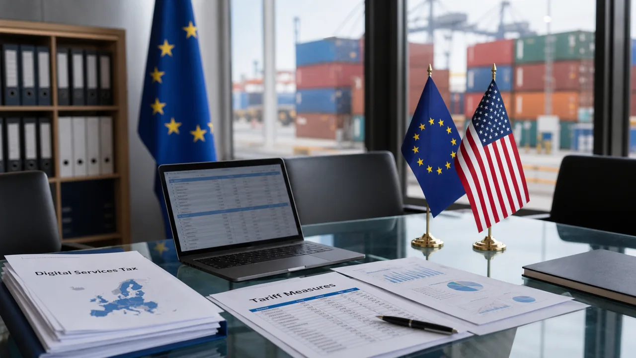 AI-foto van handelsdocumenten, laptop, EU- en VS-vlaggetjes en containers als sober beeld bij trans-Atlantische spanning over digitaks en tarieven.