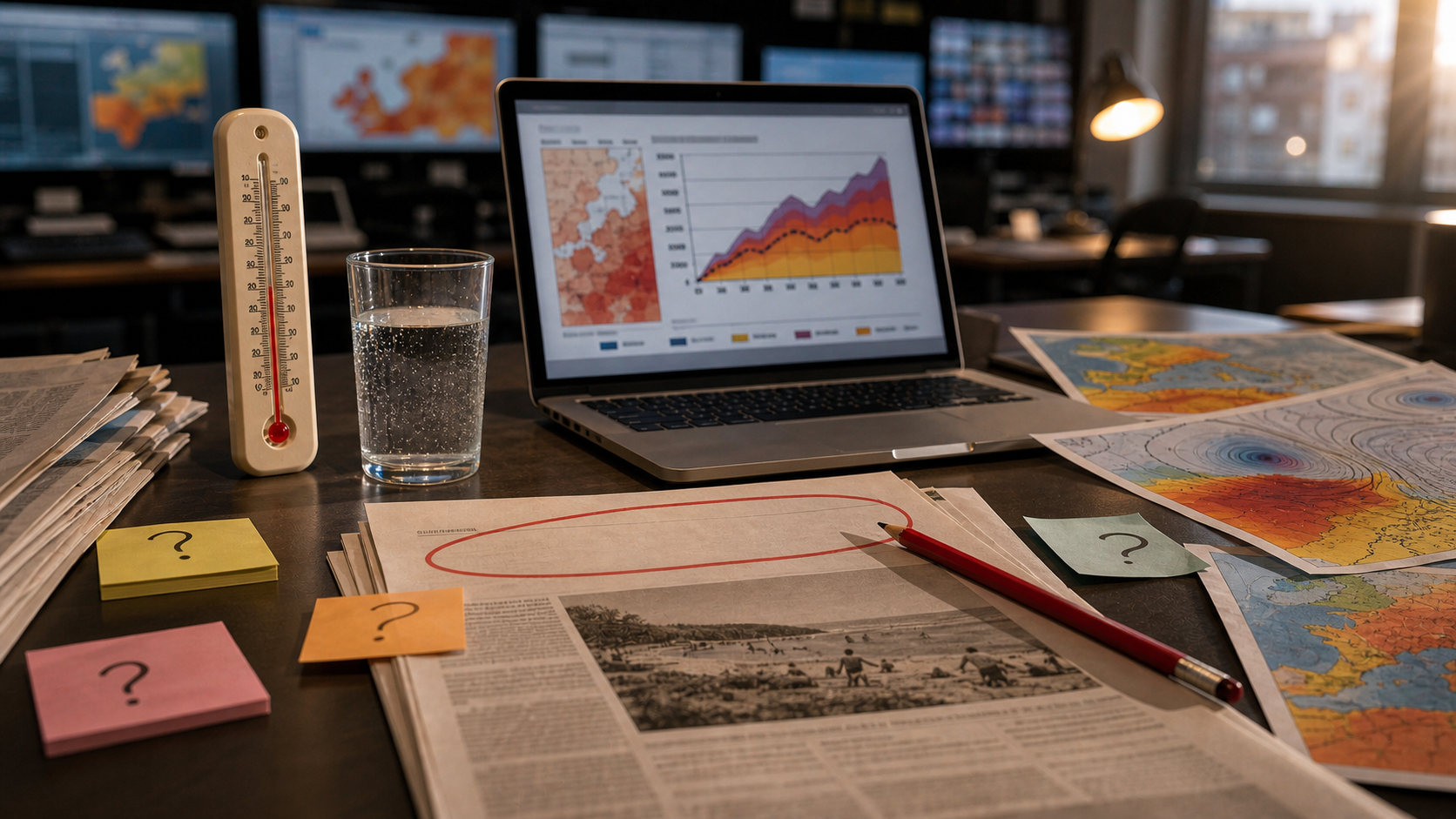 Fotografía artificial de un consejo climático con termómetro, mapas de calor, gráfico de probabilidad y signos de interrogación como imagen de probabilidad en las noticias sobre olas de calor.