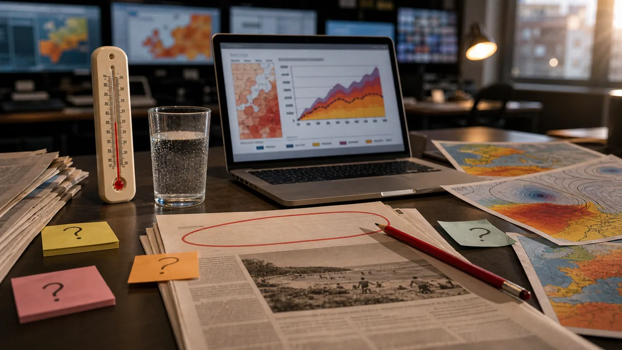 AI-foto van een klimaatradactie met thermometer, hittekaarten, kansgrafiek en vraagtekens als beeld bij waarschijnlijkheid in hittegolfnieuws.