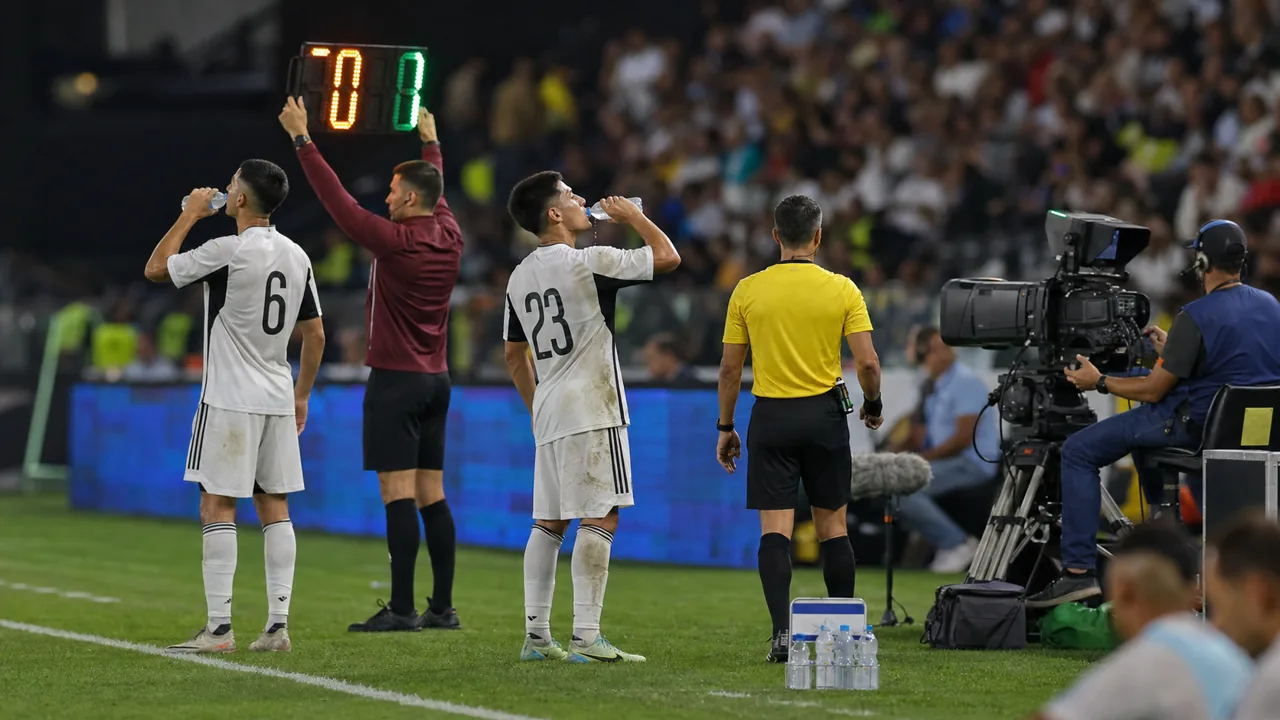 AI-foto van voetballers die bij de zijlijn water drinken naast een tv-camera en wisselbord tijdens een WK-wedstrijd als beeld bij hydratatiepauzes en reclameblokken.