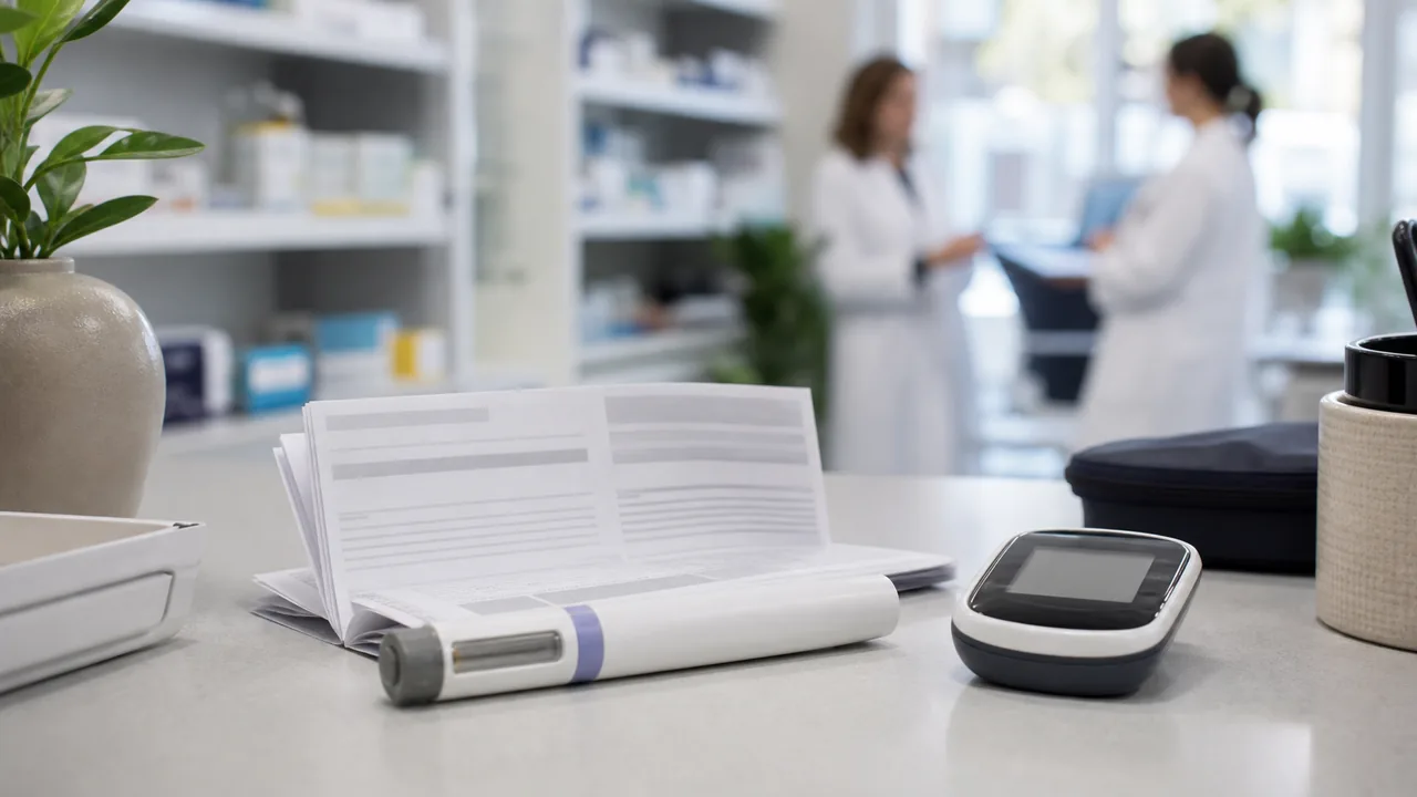 AI-foto van een Nederlandse zorgbalie met een merkloze medicijnpen, blanco patientenfolder en glucosemeter als beeld bij de discussie over afslankspuiten en bredere medische effecten.