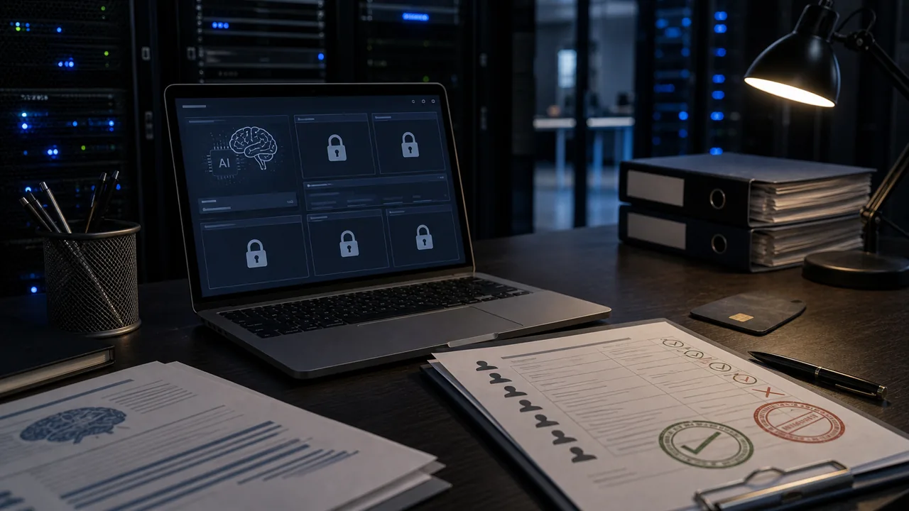 AI-foto van een laptop met vergrendelde AI-panelen, serverruimte en goedkeuringsdocumenten als beeld bij beperkte toegang tot krachtige AI-modellen.