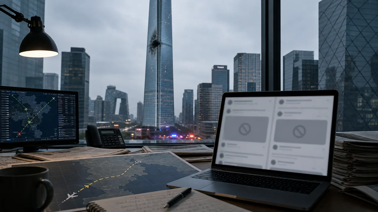 AI-foto van een hoge toren in Beijing met schade aan de gevel, nieuwsdesk, kaart en vervaagde sociale media als beeld bij crash en informatiecontrole.