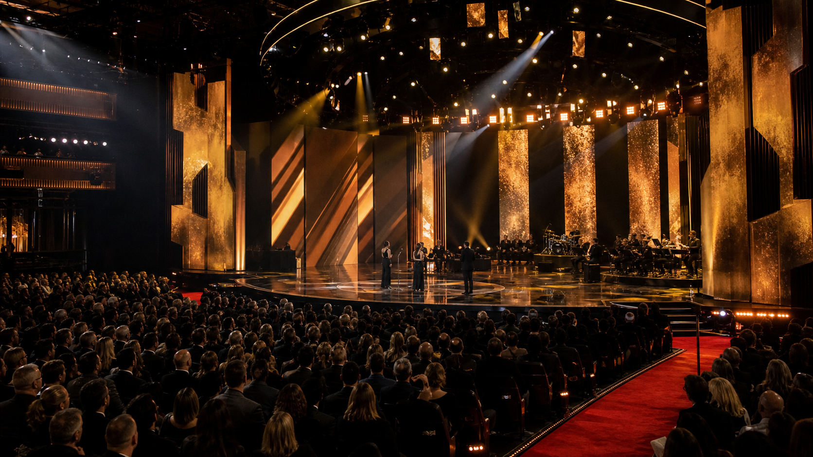 AI photo of a major television awards show in a theater with warm spotlights, microphones, audience silhouettes and a red carpet image at the 2026 BET Awards.