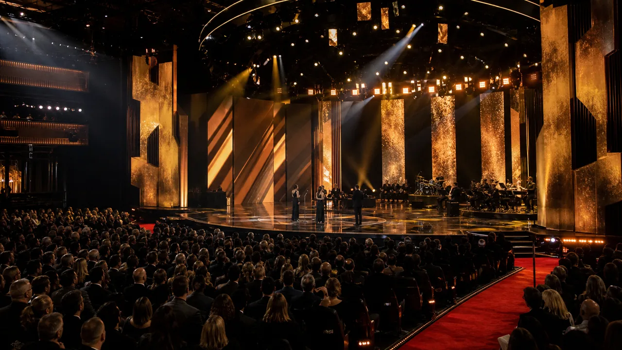 AI-foto van een grote televisie-awardshow in een theater met warme spotlights, microfoons, publiekssilhouetten en een rode loper als beeld bij de BET Awards 2026.
