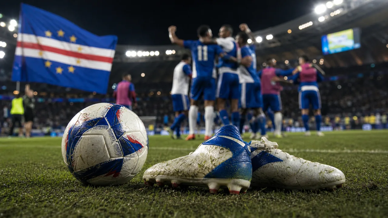 AI-foto van Kaapverdische voetballers die vieren in een stadion met vlag, bal en schoenen op de voorgrond als beeld bij WK-underdogsucces.