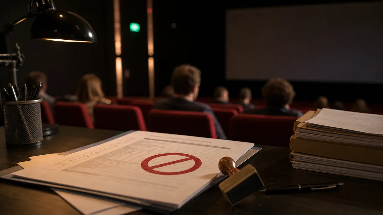 AI-foto van een filmkeuringsdossier met stempel voor een donker bioscoopscherm als beeld bij de discussie over Citizen Vigilante, FSK-keuring en censuur.