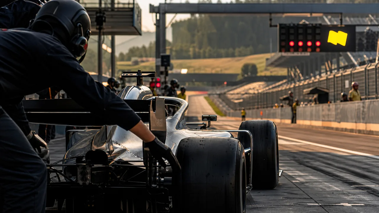AI-foto van een generieke Formule 1-auto in de pitstraat op een Oostenrijks circuit met gele vlag op een lichtpaneel als beeld bij de kwalificatie in Oostenrijk.