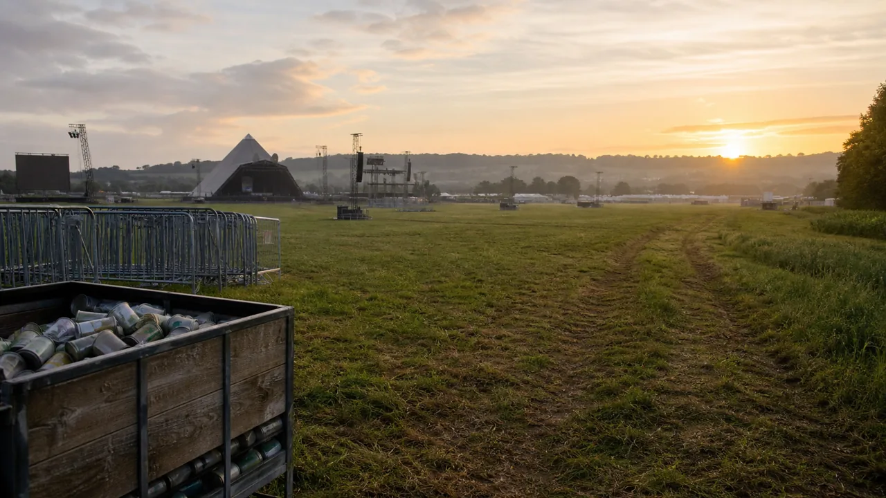 AI-foto van een leeg festivalterrein bij zonsopkomst met podiumsilhouet, hekken, grasland en ingezamelde bekers als beeld bij Glastonbury 2026 als rustjaar.