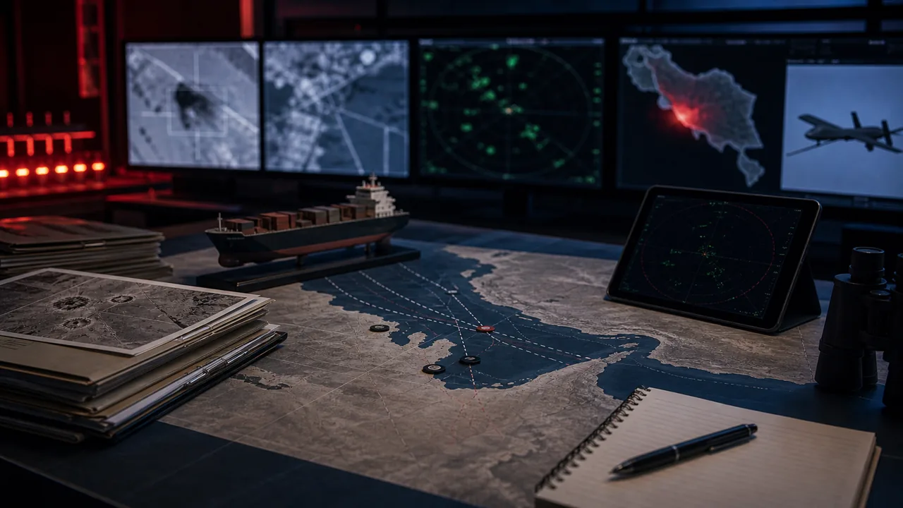 AI-foto van een maritieme commandoruimte met kaart van de Straat van Hormuz, vrachtschipmodel en radarschermen als beeld bij VS-Iran-spanning op zee.