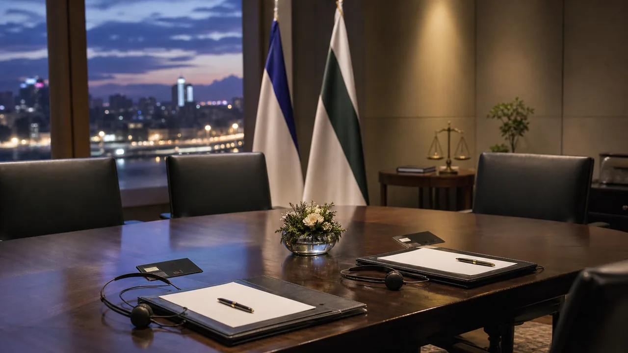 AI-foto van een diplomatieke vergadertafel met documentmappen, tolkkoptelefoons en een klein rechtsschaal-motief als beeld bij de Israel-Libanon-raamwerkdeal.