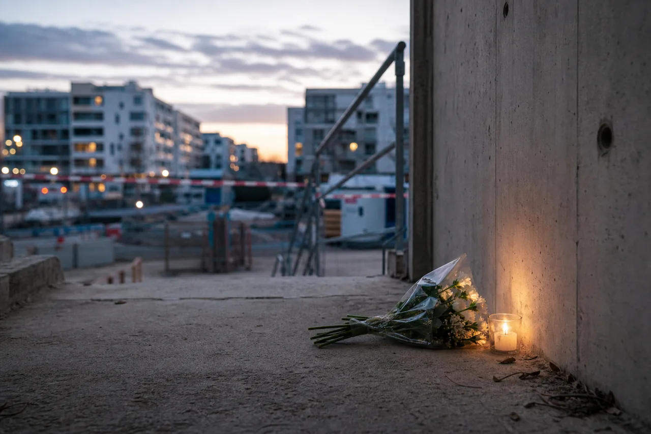AI-foto van een stille Franse bouwplaats met bloemen, kaars en politie-afzetting als beeld bij de dood van Louis in Narbonne en vragen over jongerengeweld.