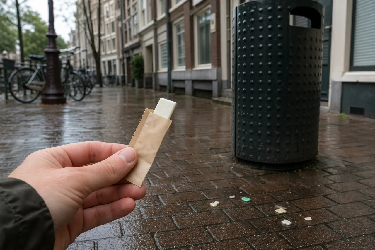 AI-foto van een Nederlandse stoep met weggegooide kauwgom bij een afvalbak en een plasticvrij alternatief in de hand als beeld bij plastic kauwgom en Europese regels.