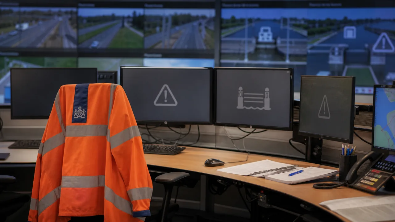 AI-foto van een Nederlandse verkeerscentrale met oranje veiligheidsjas, lege werkplek en generieke waarschuwingssymbolen op schermen als beeld bij een Rijkswaterstaat-storing.
