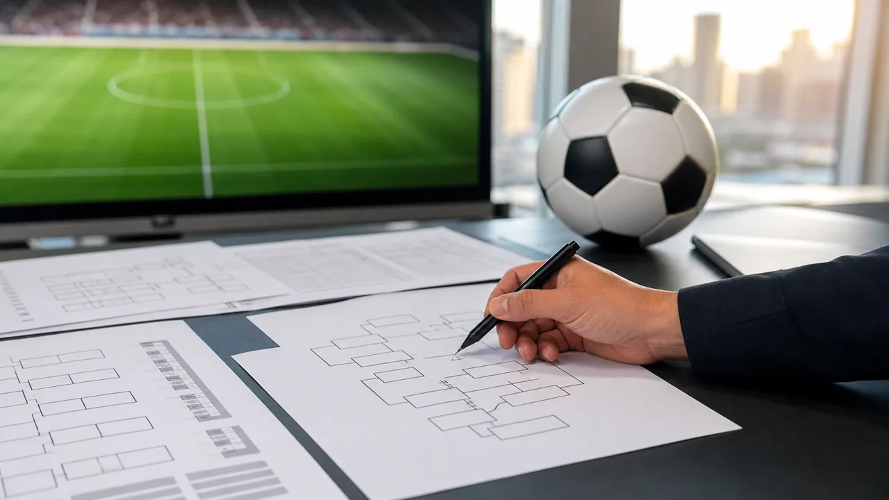 AI-foto van een generieke voetbalredactie met bracketpapieren, een voetbal en een scherm met een veld als beeld bij de WK-groepsfase en rekenwerk rond beste nummers drie.