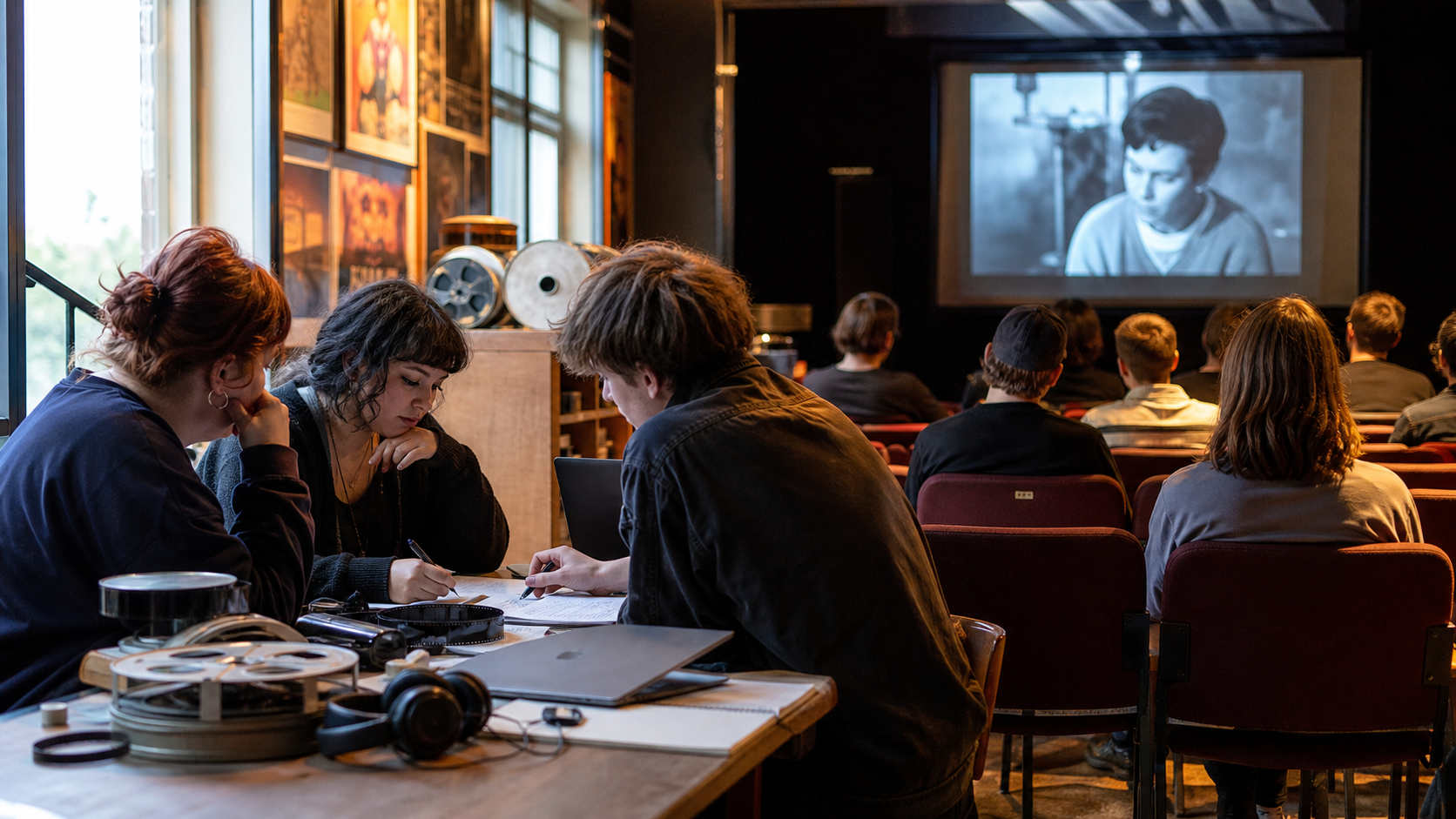 AI-foto van een Britse cinemaruimte met jonge programmeurs, archiefmateriaal en een projectiestraal als beeld bij een filmprogramma over jeugdcultuur.