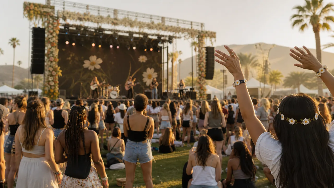 AI-foto van een warm verlicht buitenfestival met een bloemendecor op het podium en publiek met madeliefjesarmbanden, als generiek beeld bij Daisy Chain Fields.