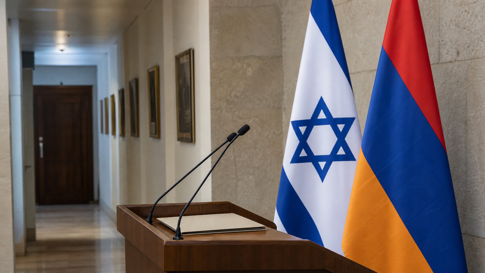 AI-foto van een stille regeringsruimte met Israelische en Armeense vlag als beeld bij Israels stap naar erkenning van de Armeense genocide.
